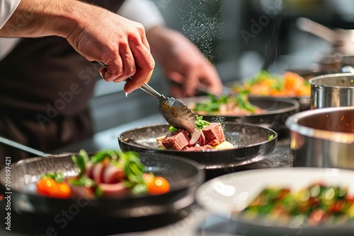 Chefs preparing beautiful dishes in French restaurant's kitchen