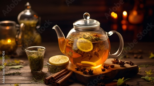 Winter herbs and spices tea in glass teapot and mug, alternative medicine for the immune system, herbal hot drink concept