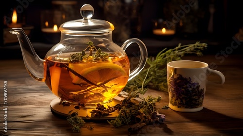 Winter herbs and spices tea in glass teapot and mug, alternative medicine for the immune system, herbal hot drink concept
