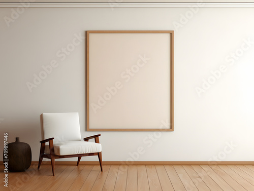 3D empty blank frame mockup with a chair in front of the wall