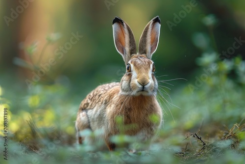 A vigilant brown hare with piercing eyes is captured in a serene forest setting bathed in the soft glow of natural light filtering through the trees © Tisha