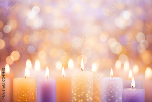 pastel colourful burning candles, colourful bokeh background 