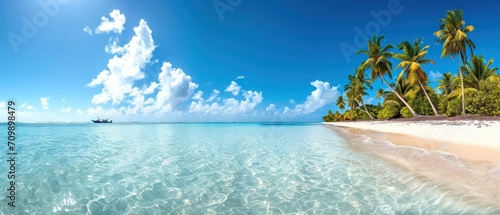 Panoramic view of a beach on the Fakarava atoll in French Polynesia