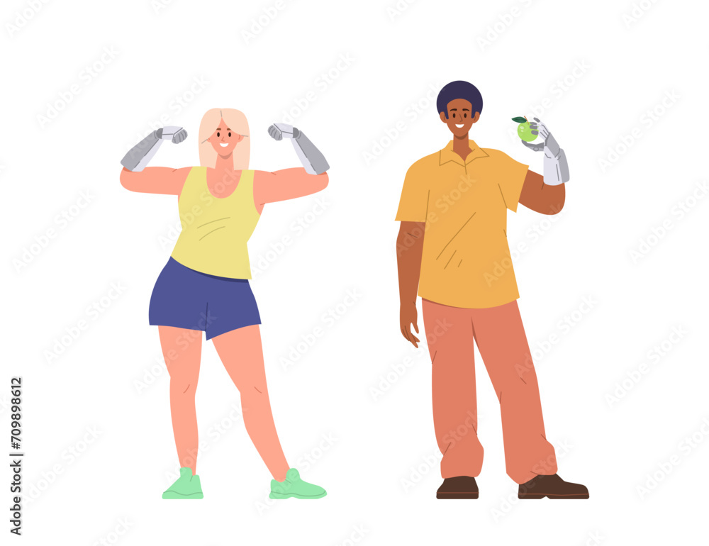 Man and woman cartoon character with arm prosthesis adapted for social life after rehabilitation Man and woman cartoon character with arm prosthesis adapted for social life after rehabilitation