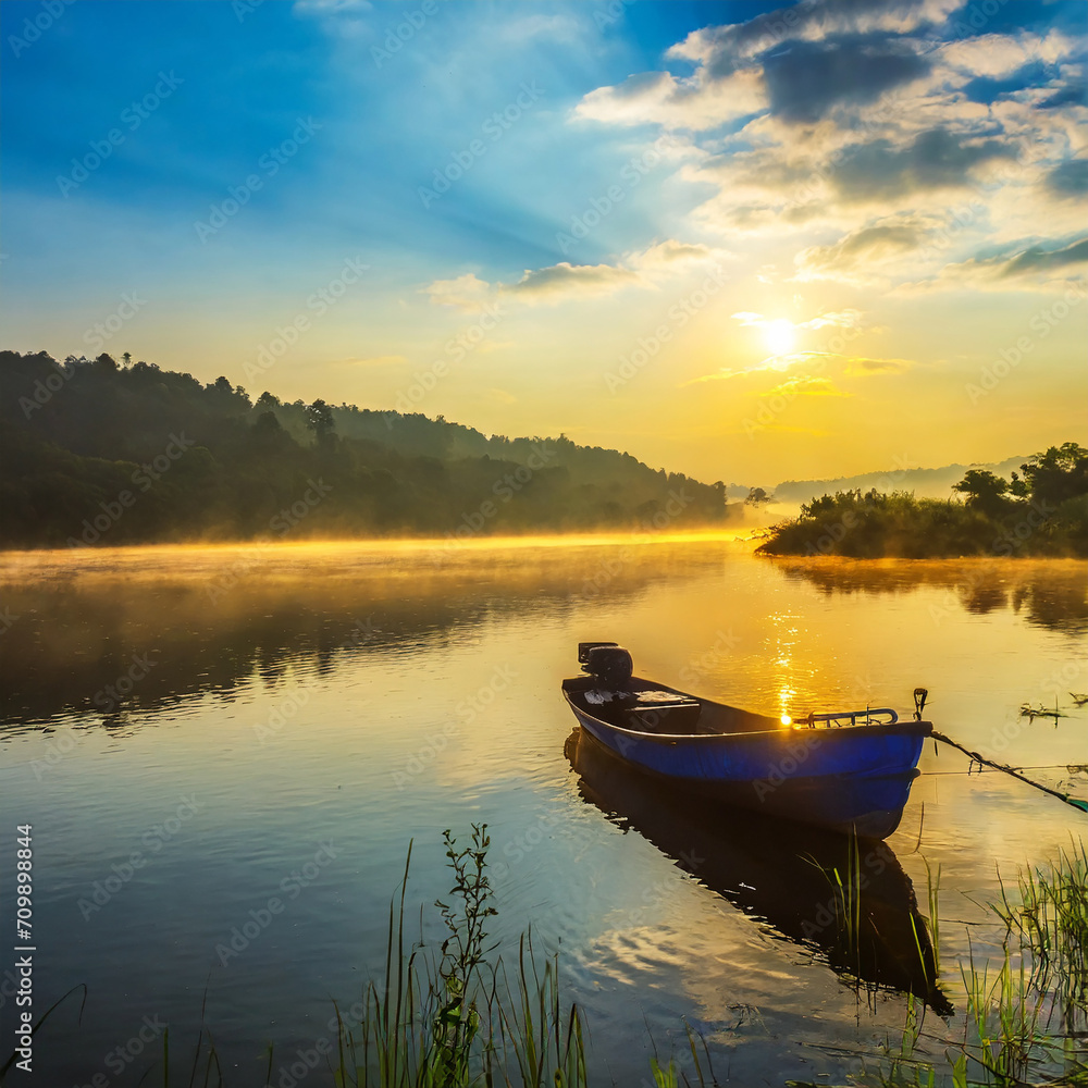 nature scenery, beautiful sunrise over the river and a boat