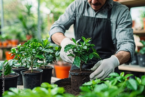 Botanist planting coffee plant in pot at store