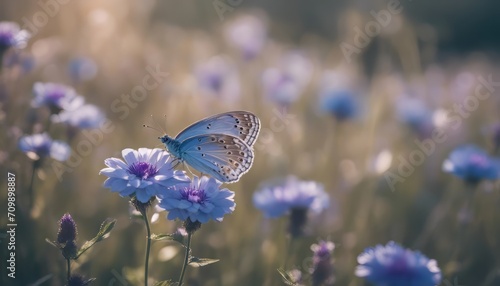 Wild light blue flowers in field and two fluttering butterfly on nature outdoors, close-up macro © Adi