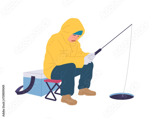 Sleepy relaxed fisherman cartoon character waiting for bite holding rod submerged in lake river hole