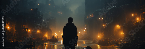 a man walks through a dark city lit by candles