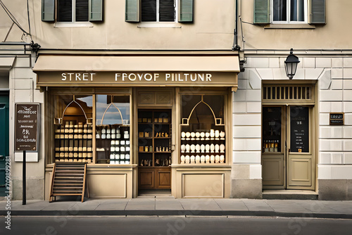 old european village facade , charming boutique storefront ,beige freestone 