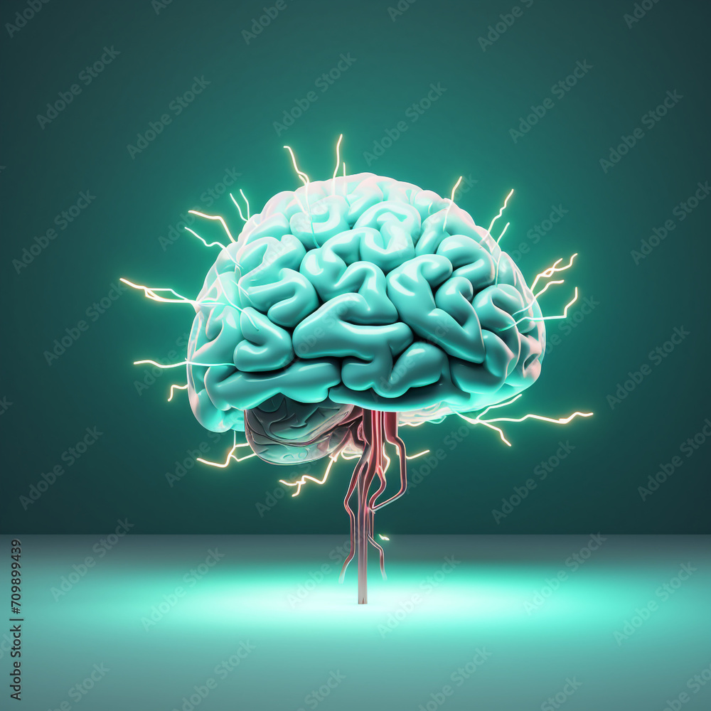 Minimalistic 3D illustration of brain with lightning attacking it created with Generative Ai Minimalistic 3D illustration of brain with lightning attacking it created with Generative Ai