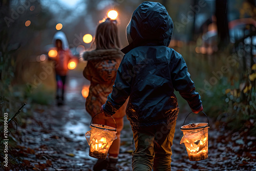 Halloween en Estados Unidos: Grupo de niños disfrazados divirtiéndose recogiendo golosinas en una noche oscura con calabaza terrorífica