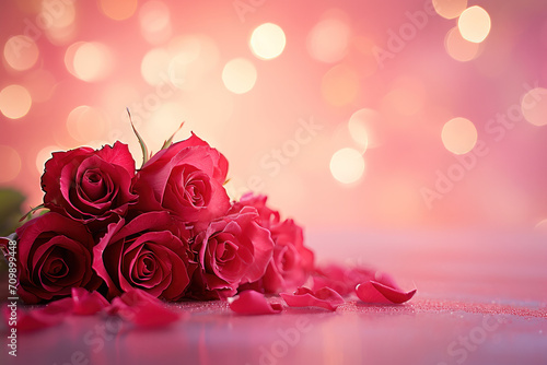 bouquet of red roses  blurred golden bokeh on the background  Valentine s Day banner 