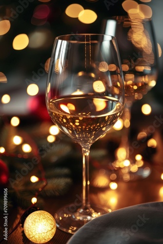 Glass of wine on a table surrounded by lights