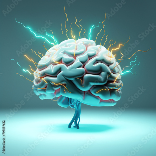 Minimalistic 3D illustration of brain with lightning attacking it created with Generative Ai