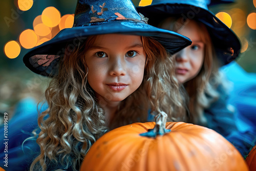 Halloween en Estados Unidos: Grupo de niños disfrazados divirtiéndose recogiendo golosinas en una noche oscura con calabaza terrorífica