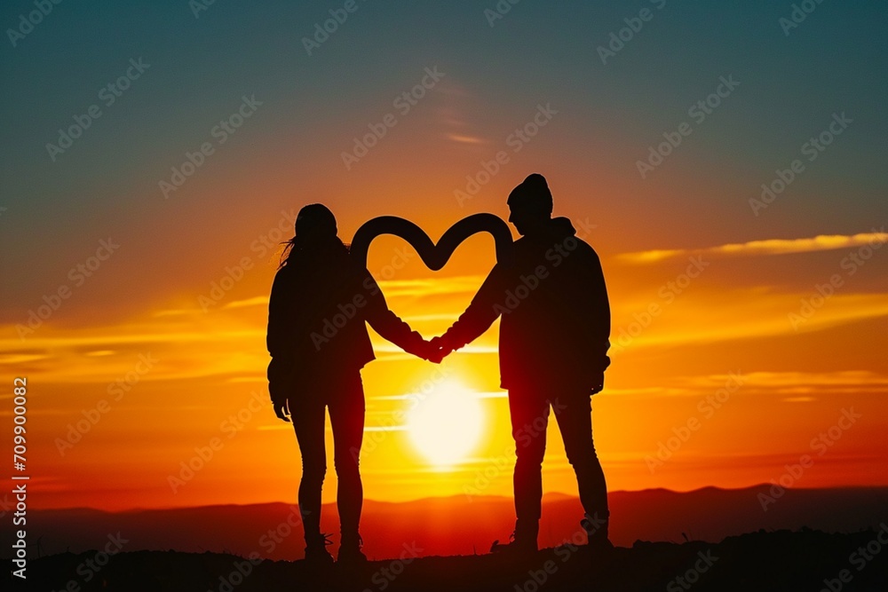 Romantic couple silhouetted against a vibrant sunset holding hands and forming a heart shape symbolizing the love and connection shared on Valentine's Day