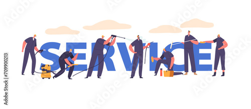Cleaning Service Staff with Equipment. Worker Characters Ensuring Spotless Environments With Professionalism, Banner