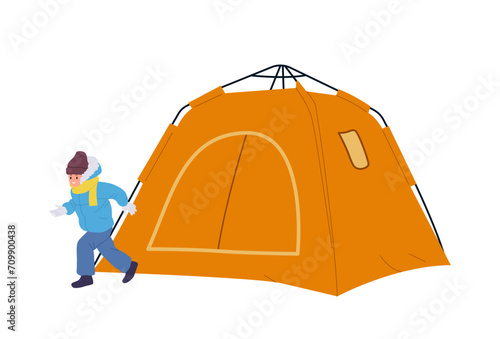 Happy joyful little boy child cartoon character having fun and playing nearby winter camp tent