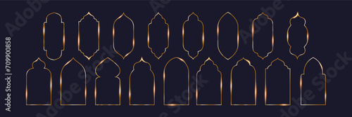 A collection of golden arches, frames, windows, domes of the mosque of Ramadan Kareem and Eid Mubarak. In Islamic, Arabic, Oriental style. Vector illustration