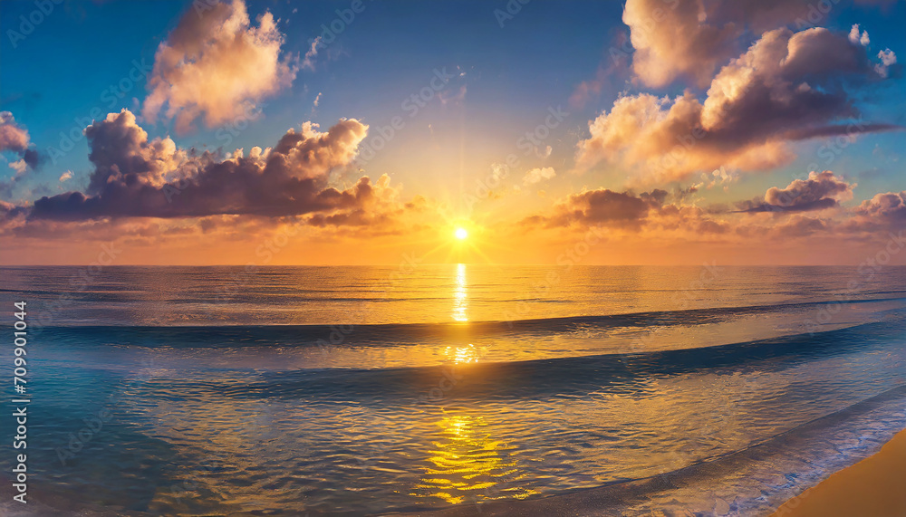 Panorama of a sunset over the ocean, with sun on horizon, seascape