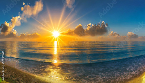 Panorama of a sunset over the ocean, with sun on horizon, seascape