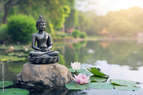 buddha statue in the garden with a lake