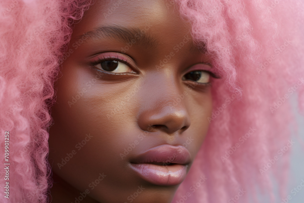 Close up of afro american woman witt unusual pink dyed hair