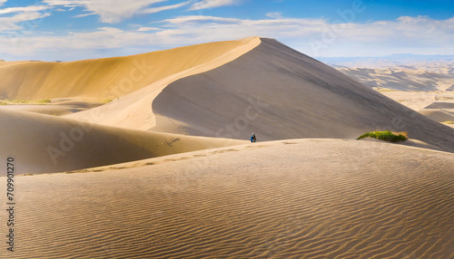 Panorama of desert sand dune with small figure in distance
