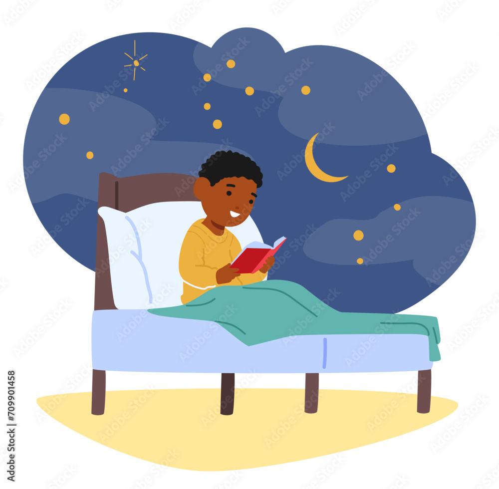Curled Beneath Cozy Blankets, Child Character Engrossed In A Book, Bathed In The Soft Glow Of Stars, Vector Illustration