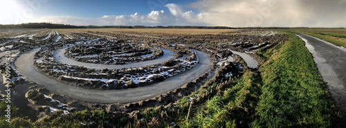 Winter at the es of Uffelte Drenthe Netherlands. Fields with frozen water. Ice. Circles in the muddy field. Panorama. Country life. Circles in the landscape. Mud tracks.
