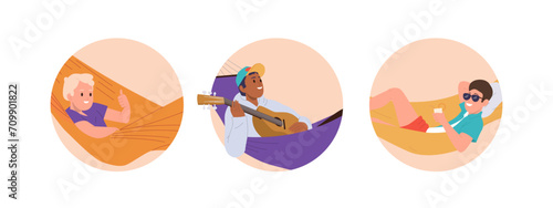Round composition set with happy relaxed people enjoying rest in hammock vector illustration