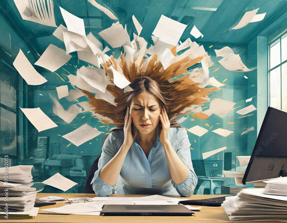 Tired woman working in the office, head full paper explosion, fast ...
