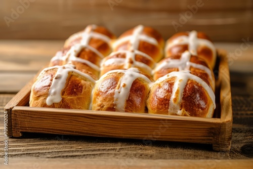 Hot Cross Buns with Icing on Wooden Tray. Delicious hot cross buns with white icing crosses on a wooden tray, symbolising Easter.