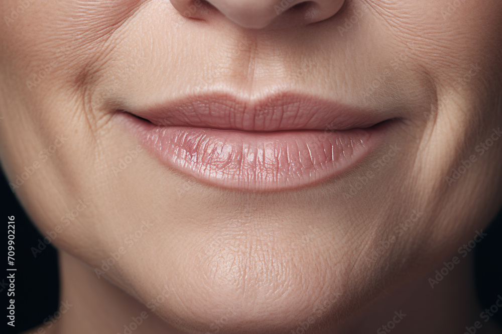 Obraz premium Middle-aged woman's nasolabial folds and wrinkles around mouth