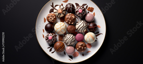 Chocolate spheres on a plate, top view, generative AI