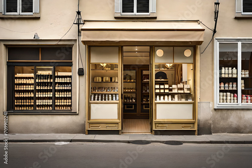 old european shop facade , beige stucco wall