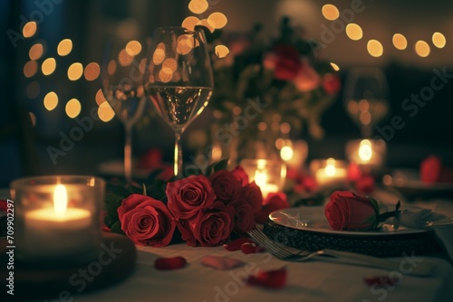 Valentine's Day dinner table adorned with candles and roses the warm ambiance and romantic setting creating an inviting scene for an intimate celebration