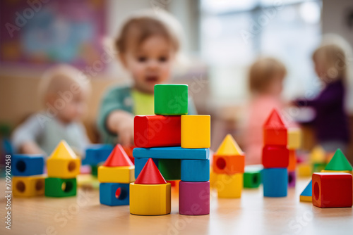 Colorful building bricks toys and blurry playing children in background in children day care center, kindergarten or preschool