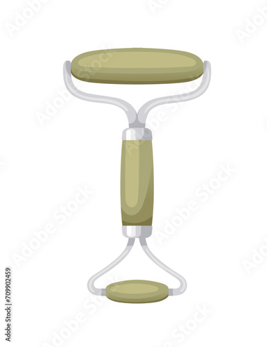 Green color stone crystal roll face massager with silver plating vector illustration isolated on white background