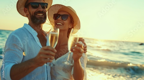 A couple in love drinks champagne by the sea. Honeymoon trip. Lovers on the beach. Wedding travel. Couple on vacation. photo