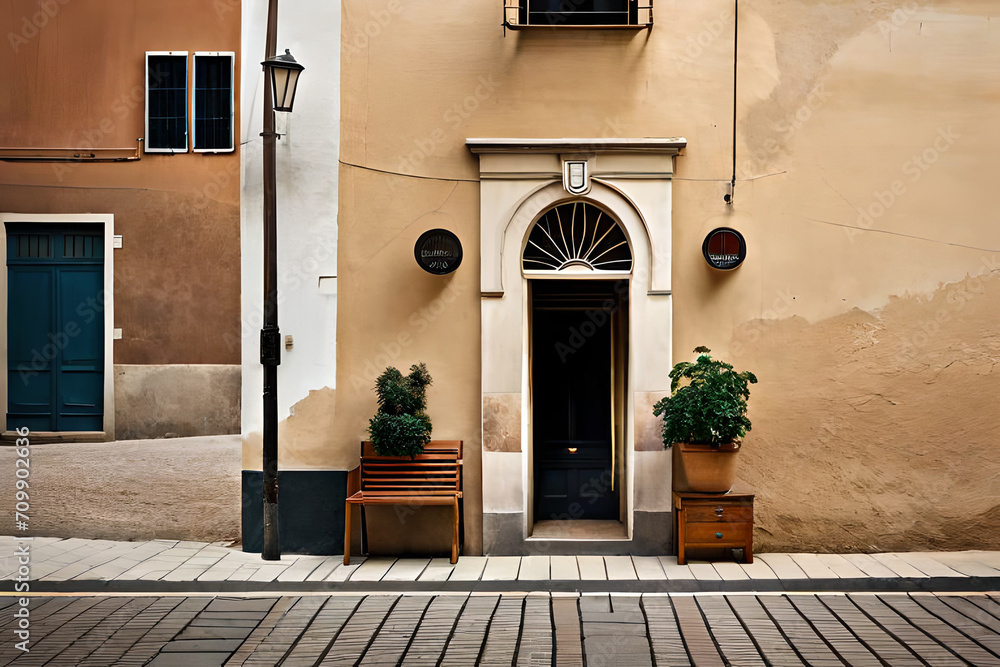 old european shop facade , beige stucco wall