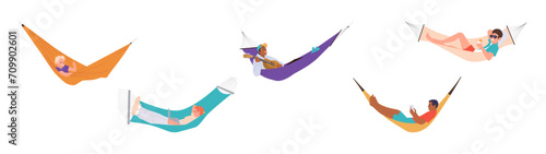 Different relaxed people cartoon characters enjoying rest and various activities in hammock set