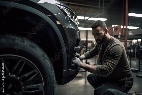 shot of a mechanic working on a car in an auto repair shop © Sergey