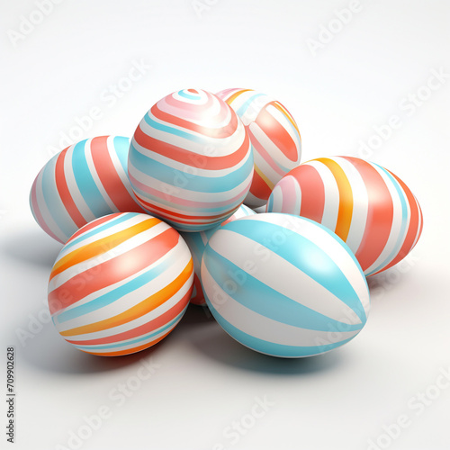 Easter eggs with a simple striped pattern in blue, yellow, red and orange, white background, front view. Design illustration 3D concept.