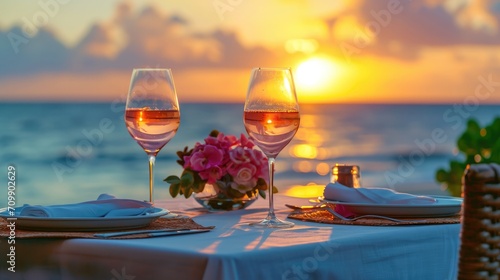 Summer love. Romantic sunset dinner on the beach. Table honeymoon set for two with luxurious food  glasses of rose wine drinks in a restaurant with sea view. Happy valentines day.