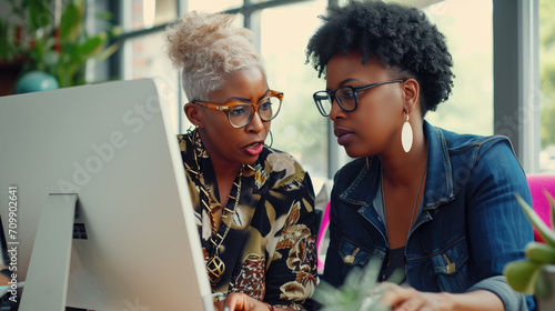 Startup mature black business woman sharing her expertise with her colleague as they collaborate on a project using a computer.