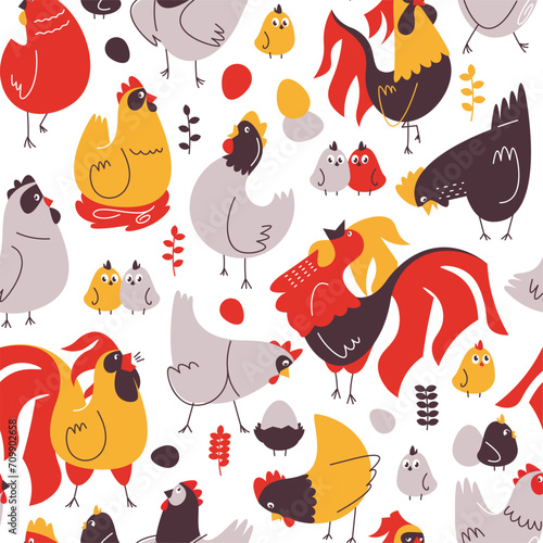 Cartoon hens pattern. Seamless print of Easter decorative farm animal characters for greeting cards, holiday decor and party decoration. Vector texture chicken background, easter egg illustration