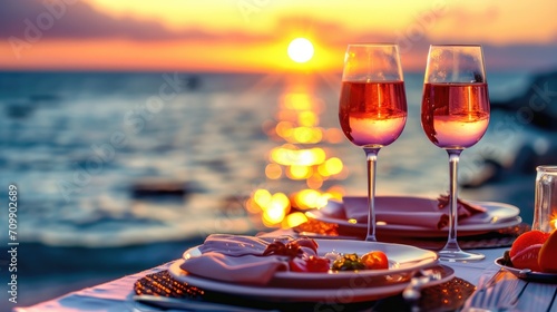 Summer love. Romantic sunset dinner on the beach. Table honeymoon set for two with luxurious food, glasses of rose wine drinks in a restaurant with sea view. Happy valentines day.