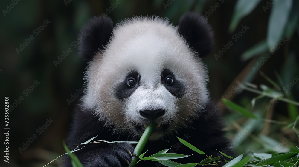 Obraz premium Cute panda eating bamboo, Giant Panda bear (Ailuropoda melanoleuca), Panda eating shoots of bamboo. Rare and endangered black and white bear.